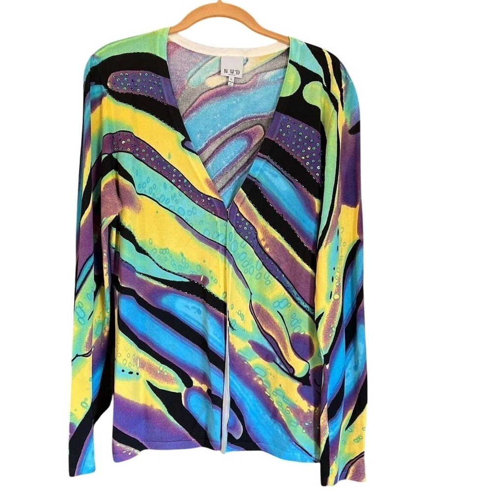 Abstract‎ Sequin Beaded Cardigan Blue Yellow Purple Size Large, Embellished, Art